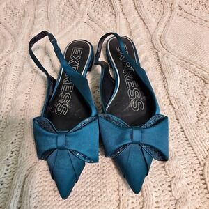 Express Slingback Flats Deep Teal Blue Satin Bow Rhinestone Womens 9 Excellent